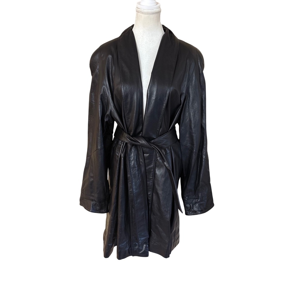 WILSONS LEATHER Vintage Belted Black Leather Wrap Trench Coat Size Small
